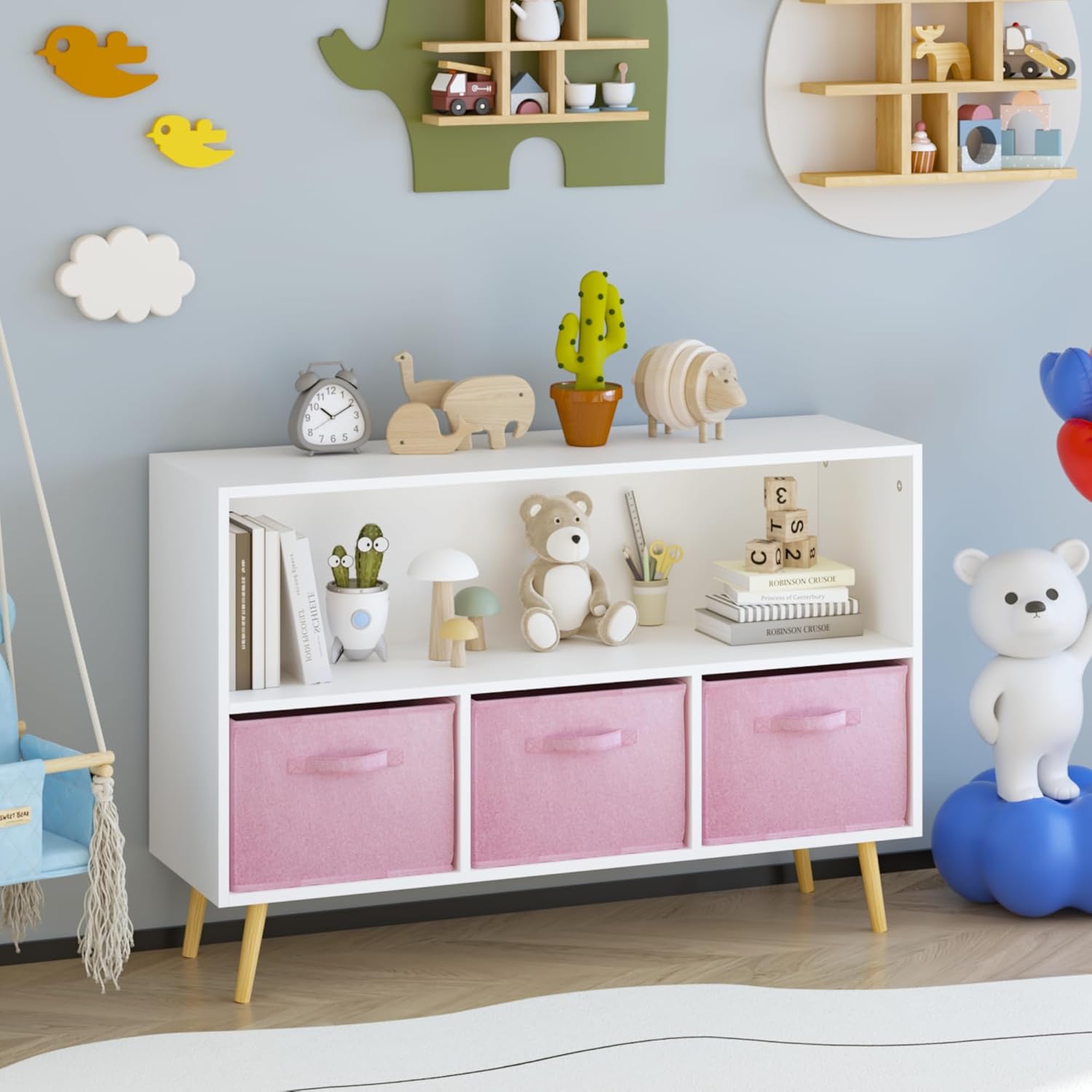 Girls Pink Bookshelf Kids Bookshelf Toy Storage Organizer with 3 Collapsible Fabric Drawers and Pine Legs Wooden Bookcase for Kids Nursery Room, Playroom (White+Pink)