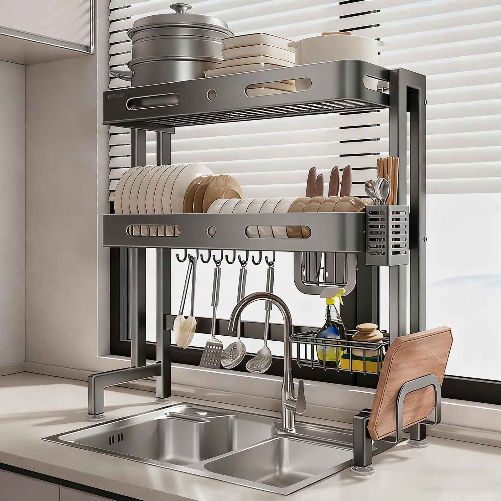 CAFIEDR Stainless Steel Over Sink Dish Drying Rack With Utensil Holder - Space-Saving Kitchen Organizer For Countertops, Ideal For Kitchens * Dining Rooms.Gray 2-65cm/25.6in