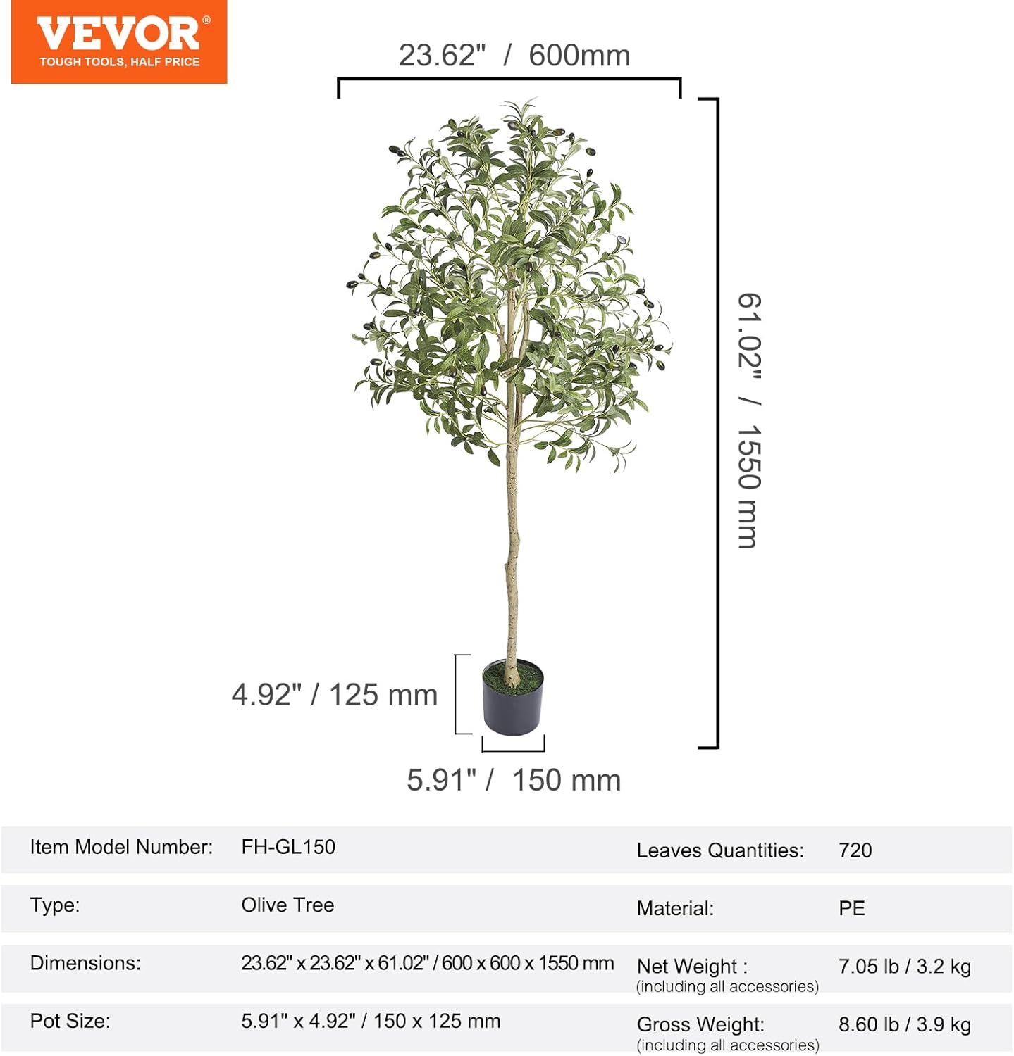 VEVOR Artificial Olive Tree, 5 FT Tall Faux Plant, Secure PE Material & Anti-Tip Tilt Protection Low-Maintenance Plant, Lifelike Green Fake Potted Tree for Home Office Warehouse Decor Indoor Outdoor - Image 7