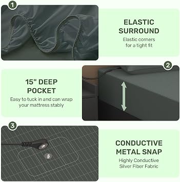 Reaks Grounding Sheets King Size, 95% Cotton + 5% Pure Silver Fiber, Fitted Bed Sheet with Deep Pocket Up to 15'', Earthing Mattress Pad with Grounding Cord