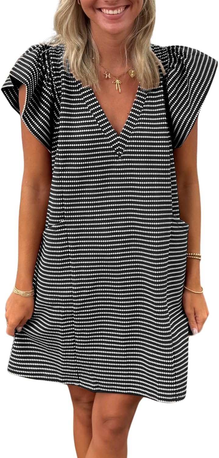 Striped V-Neck Mini Dress for Women Puff Sleeve Casual Dress with Pockets, Comfortable & Stylish for Summer
