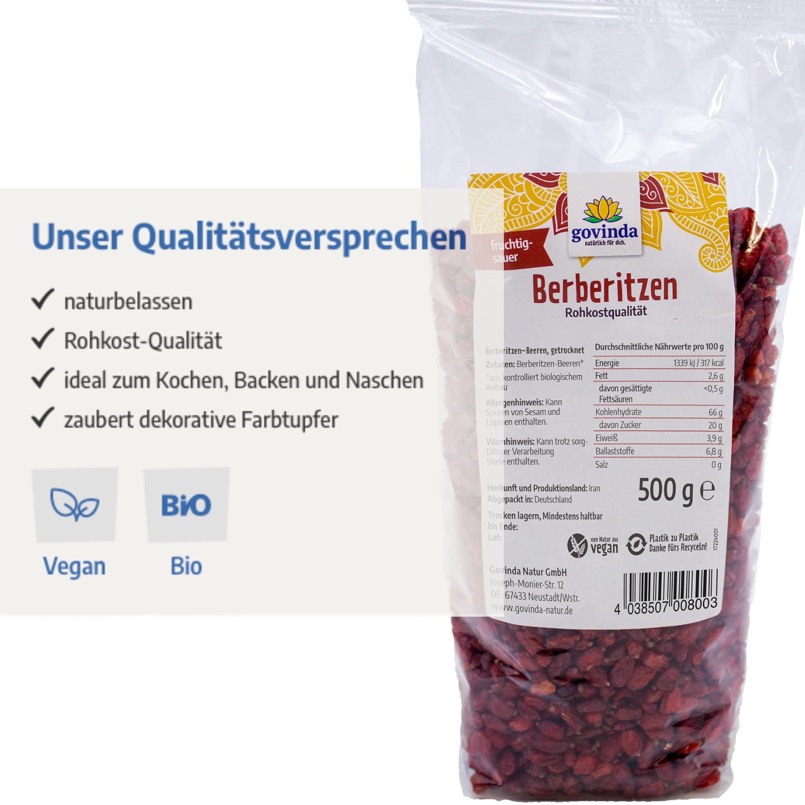 Govinda Bayas de agracejo orgánicas, secas (500 g), naturales, calidad de alimentos crudos, cultivo orgánico, vegano, bajo en grasa, ideal para cocinar, hornear y picar | DE-ÖKO-001
