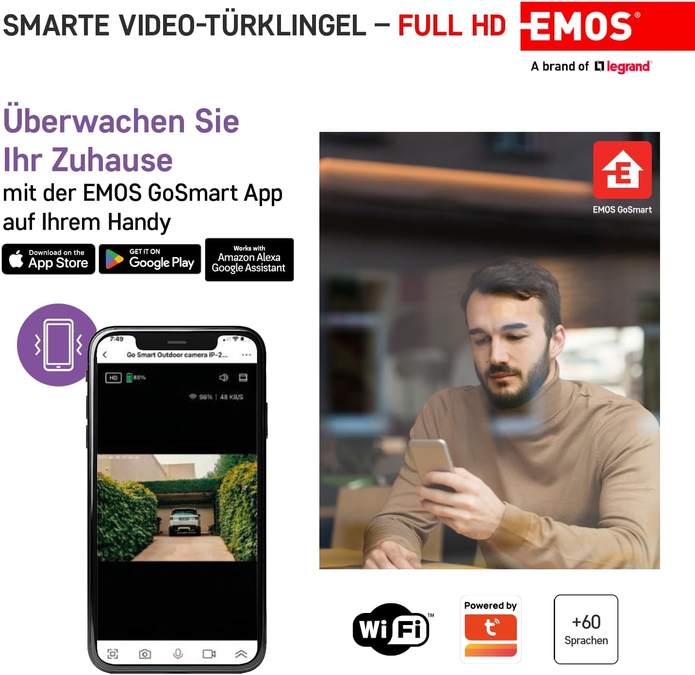 Smartphone screen showing the EMOS GoSmart app interface with live video feed from the doorbell camera and various control options