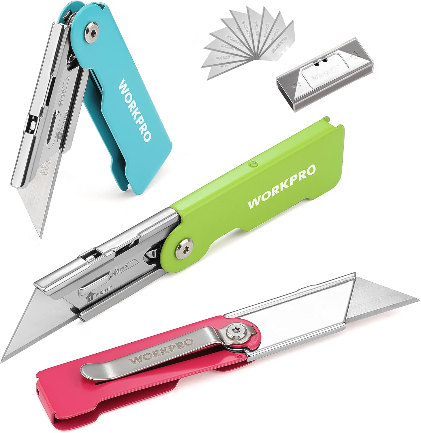 WORKPRO 3-Pack Folding Utility Knife Set, Quick Change Blade Box Cutter, Razor Knife with Belt Clip, 10 Extra SK5 Blades for Cartons, Cardboard and Boxes