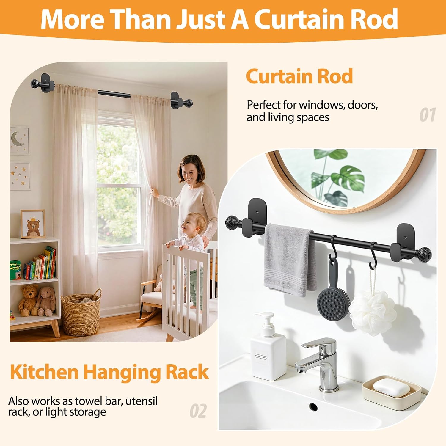 TONIAL Curtain Rods No Drilling for Windows, 32-86 In Adjustable, Black