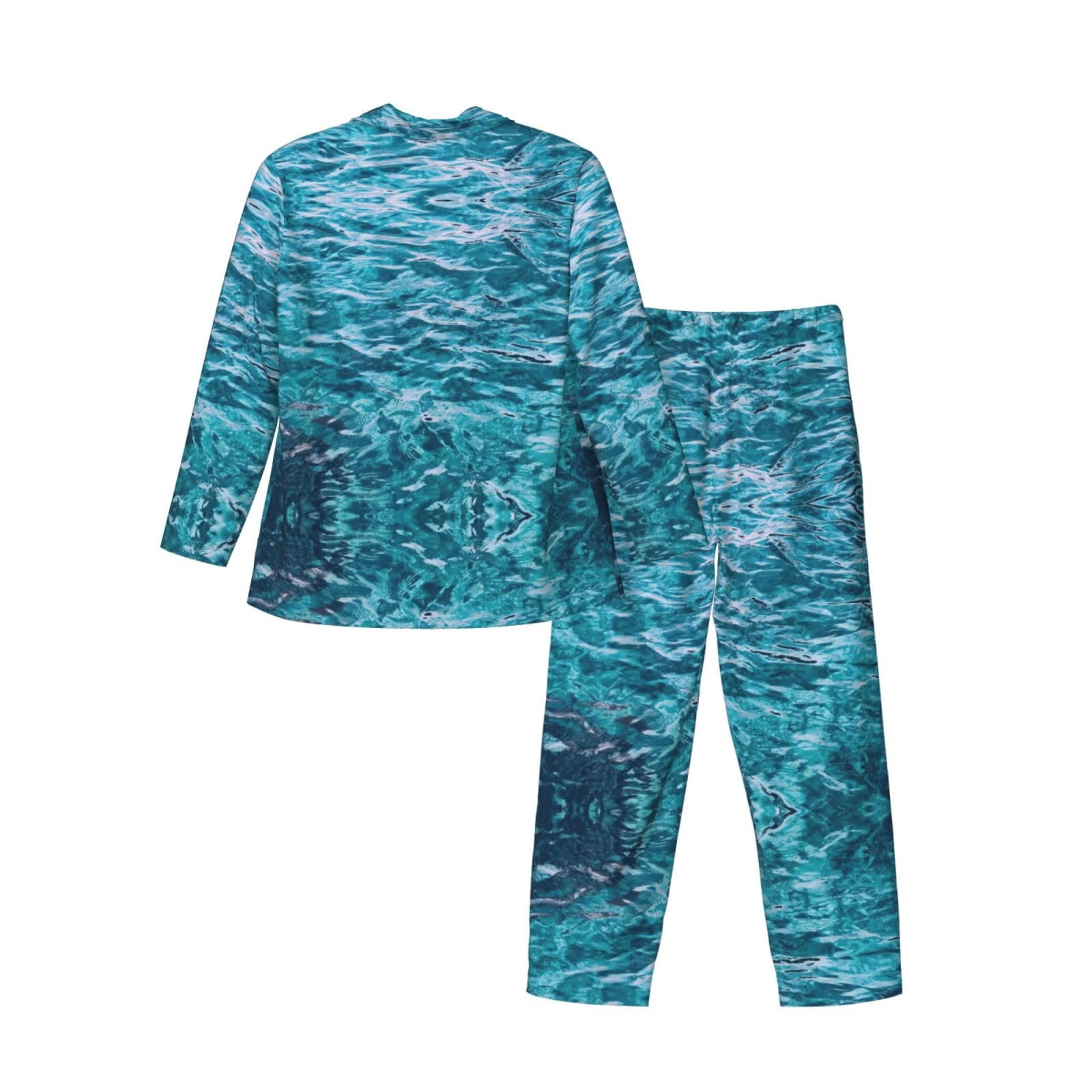 Conjunto de pijama para hombre con estampado de superficie marina, pijama suave de manga larga con botones y bolsillos