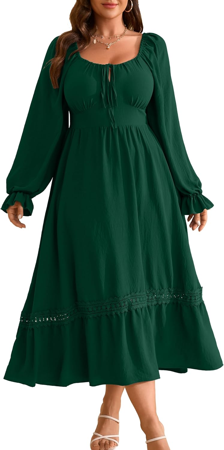 RWJ Women's Plus Size Fall Dresses Long Sleeve Square Neck Flowy Lace Trim Flutter Wedding Guest Party Casual Dress