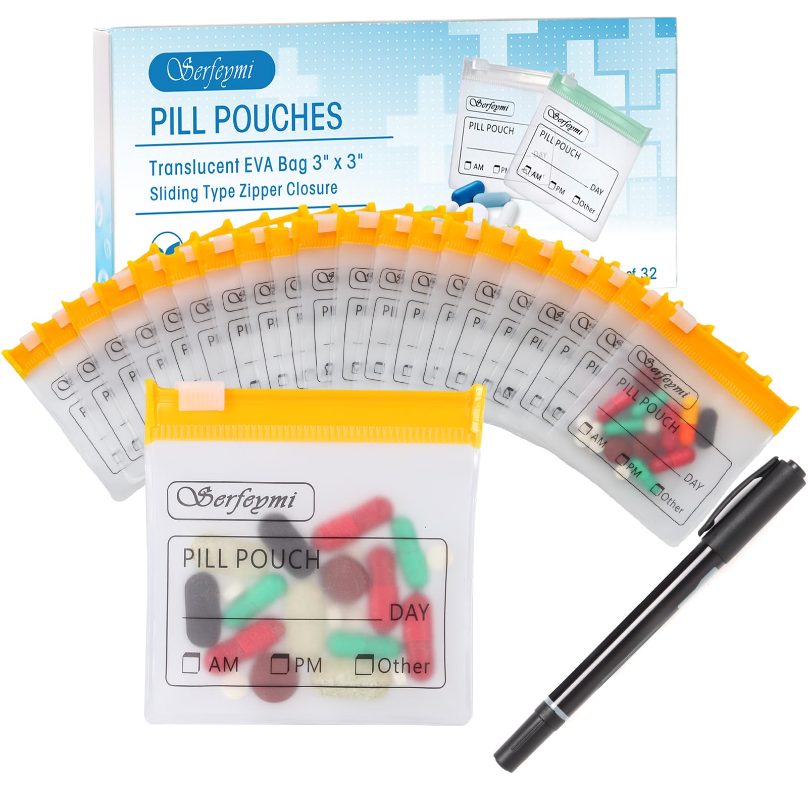 Serfeymi 32 Pcs Pill Pouches Bags for Travel 3 x 3 in 12 mil(Double Sided)