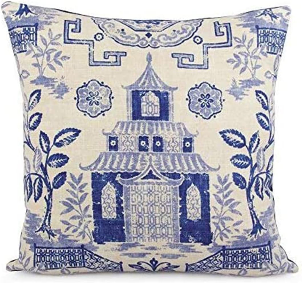 Pillowcase Decor Cover Blue Beige Teahouse Pagoda and Velvet 18x18 Square Chinoiserie Toss Pillowcase Decor Asian Accent Richloom Duralee Lapis