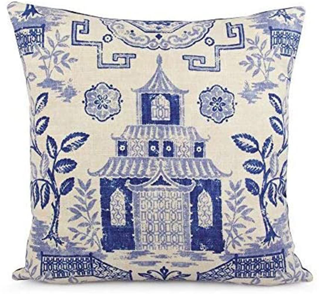 Pillowcase Decor Cover Blue Beige Teahouse Pagoda and Velvet 18x18 Square Chinoiserie Toss Pillowcase Decor Asian Accent Richloom Duralee Lapis