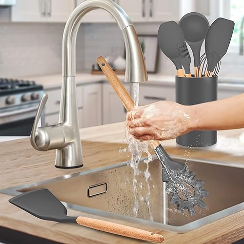 Miniatura 4 de LIANYU Juego de 30 utensilios de cocina de silicona con organizador juego de utensilios esenciales de cocina de silicona con mango de madera
