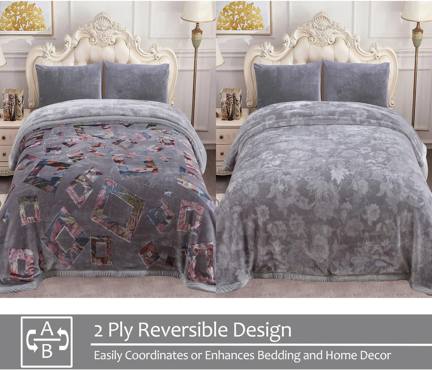 JML Plush Fleece Blanket 87" x 94", 10.5 Pounds Korean Style Mink Blanket King Size for Winter - Soft Thick Warm, 2 Ply A&B Printed Embossed Raschel (Grey Frames) - Image 3