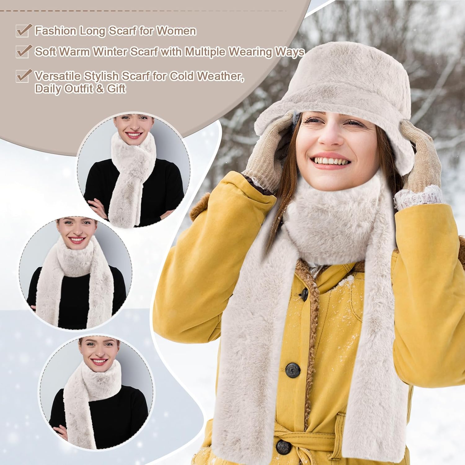 3 Pcs Winter Faux Fur Hat Scarf Gloves Set for Women Faux Fur Bucket Hat Winter Flip Gloves Warm Scarf for Men Women - Image 4