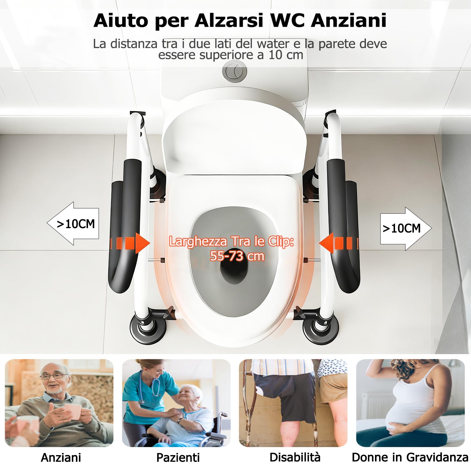 NJUN Supporti di Sicurezza per WC, Larghezza e Altezza Regolabili Telaio di Sicurezza per WC con Corrimano Antiscivolo a Doppio Strato e Grande Ventosa, Supporto WC per Anziani Incinte Disabili