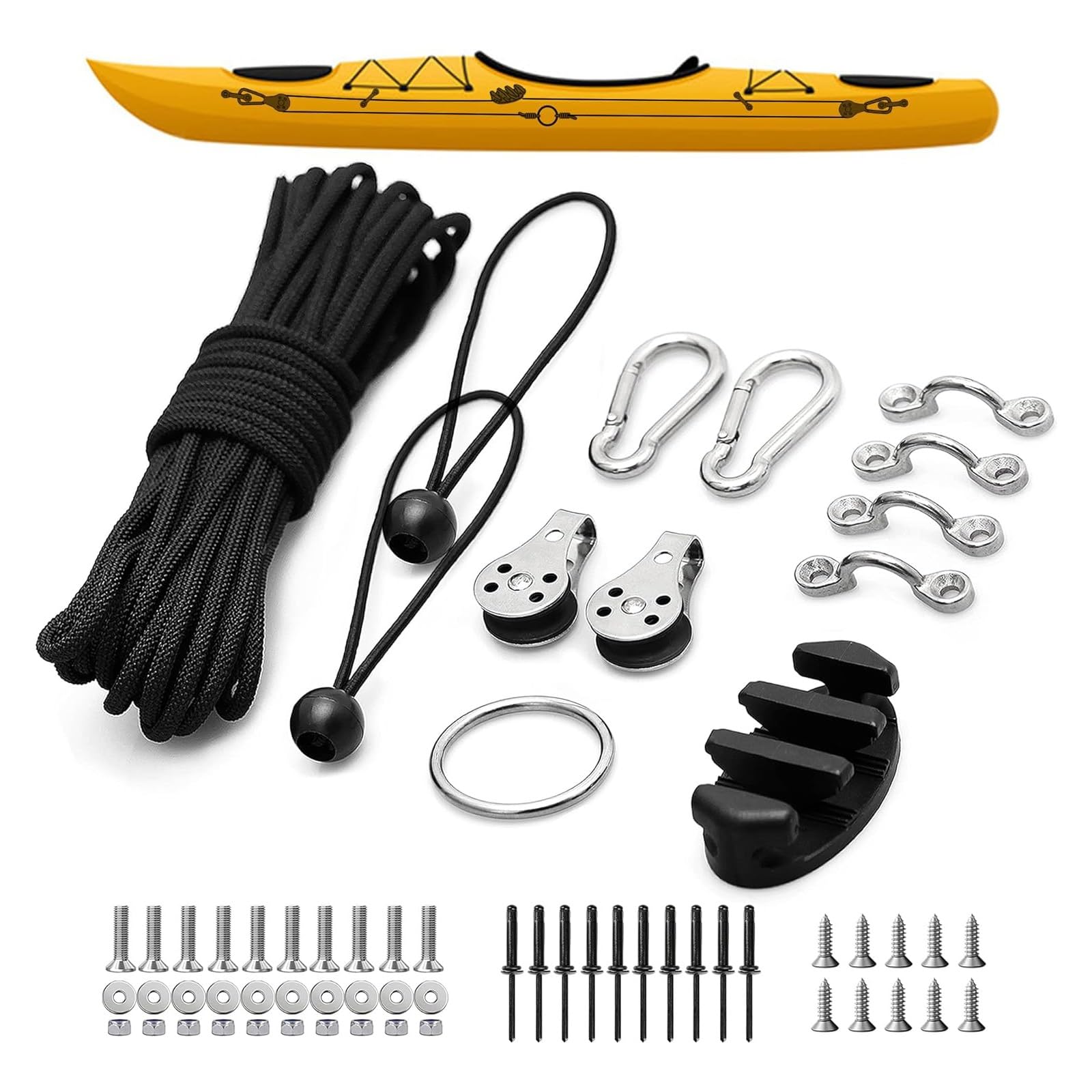 THE WHITE SHOP Kayak Anchor Trolley Kit Anchor Wizard Kayak LeverLock Anchor Trolley,Anchor System for Kayak Canoes Boat etc,Rope Cleat Carabiner Pulley Anchor Ring Pad Eyes 30 Feet Paracord,With Bolt