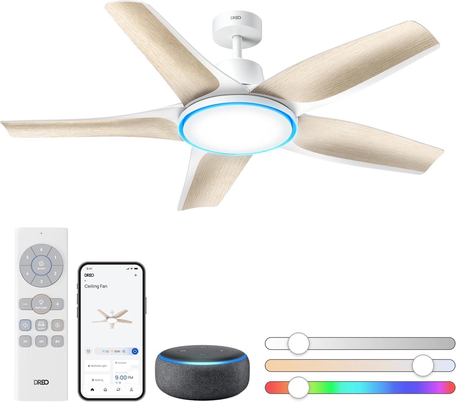 Dreo Smart Ceiling Fans with Lights, Low profile Ceiling Fan with Alexa/App, 52” Dimmable Lighting & Color Tuning, RGB Ambient Light for Living Room, Game Room, Easy Installation, Quiet, White Dreo Smart Ceiling Fans with Lights, Low profile Ceiling Fan with Alexa/App, 52” Dimmable Lighting & Color Tuning, RGB Ambient Light for Living Room, Game Room, Easy Installation, Quiet, White