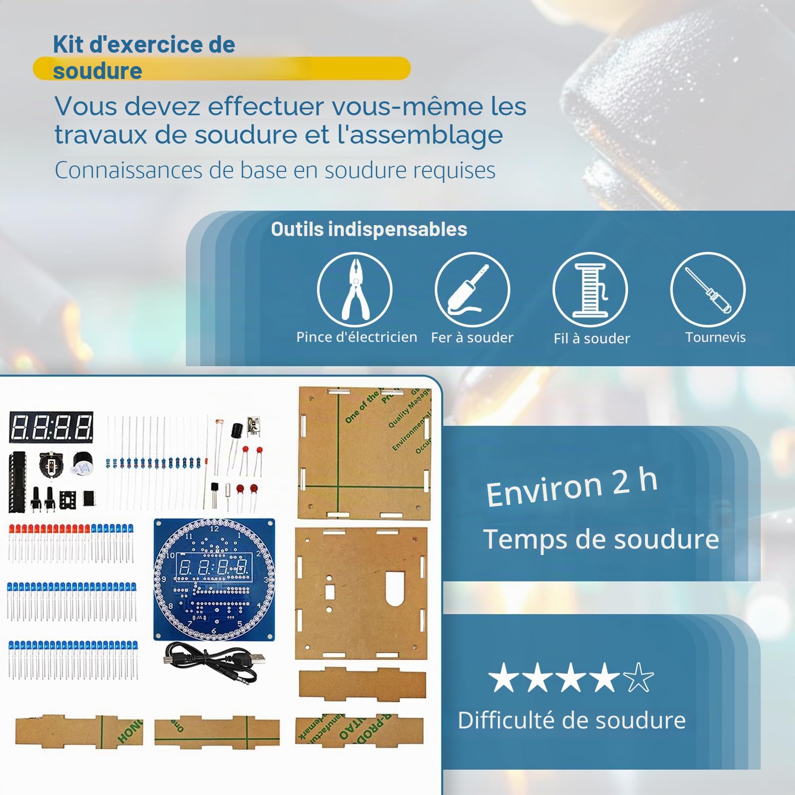 EIELE 4 tubes numériques horloge électronique rotative contrôle de la température contrôle de la lumière kit de soudage multifonction boîte transparente kit de bricolage électronique pour loisirs