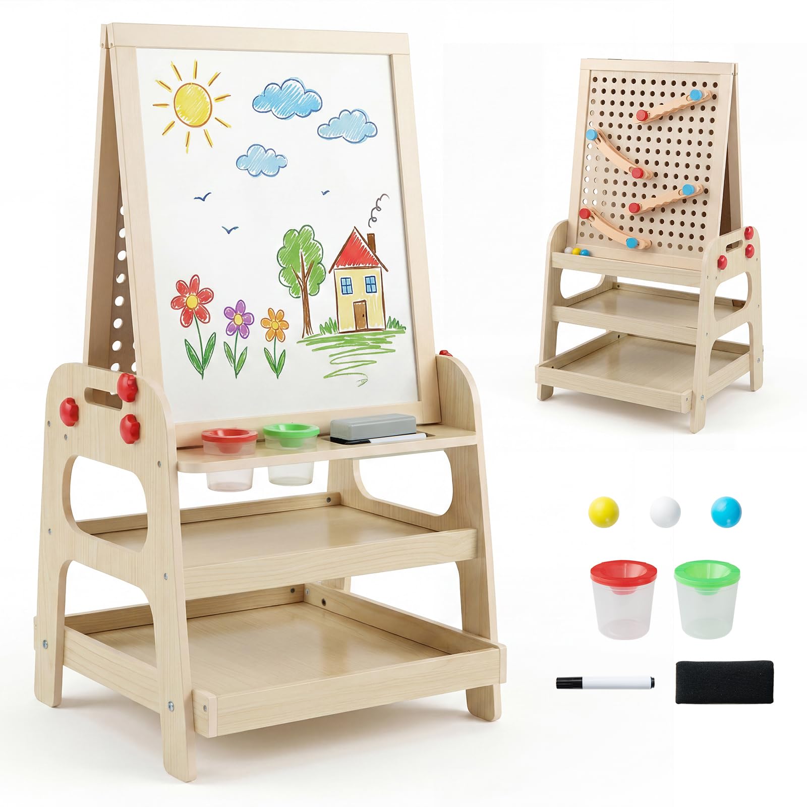 COSTWAY 2 in 1 Kids Easel, Wooden Art Easel with Magnetic Whiteboard