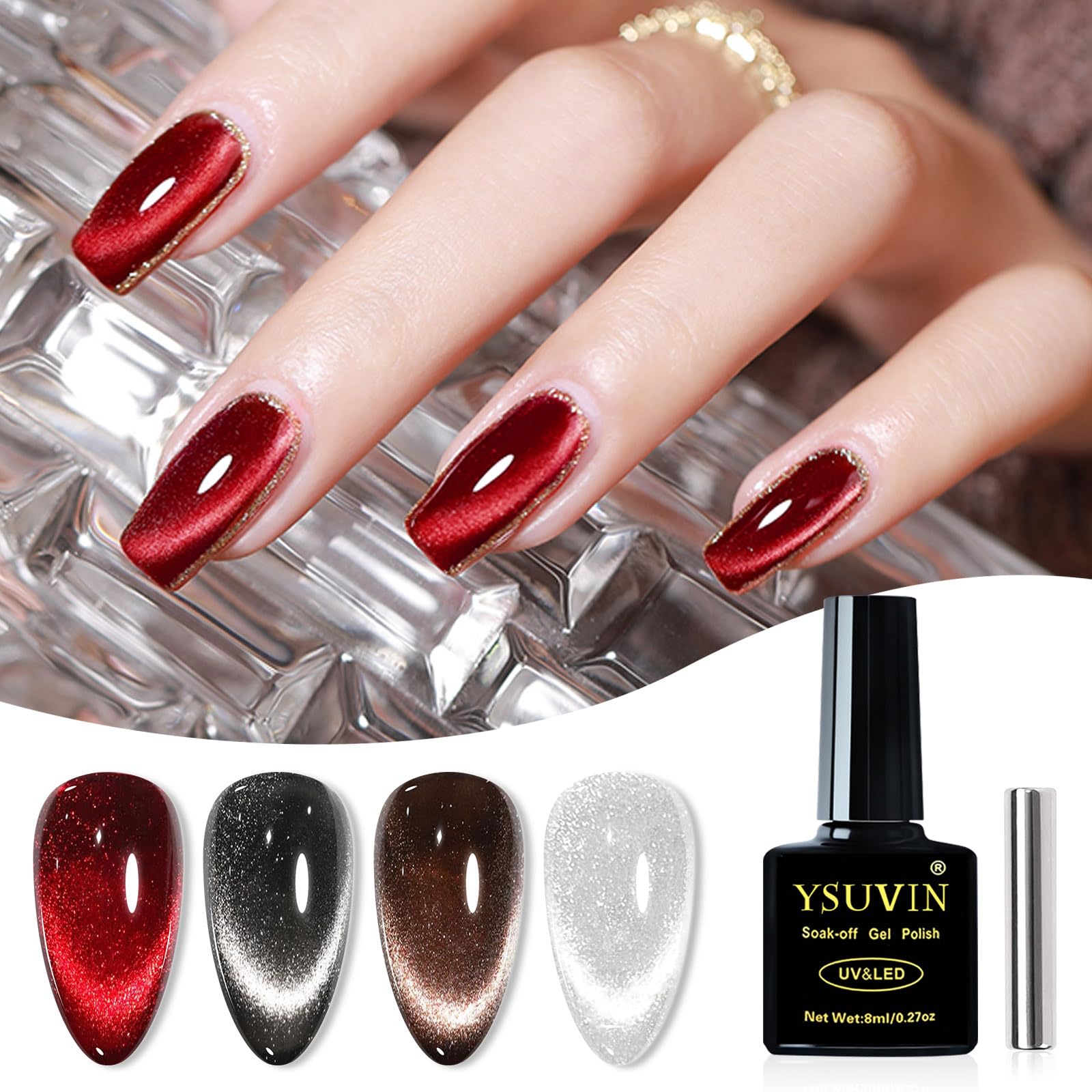 YSUVIN lakier hybrydowy UV Cat Eye, 4 kolory czerwony czarny brązowy biały żel lakier do paznokci Jelly Glass Crystal z magnetem Soak-Off Cat Eye UV Gel dla początkujących DIY Nail Art Manicure Salon