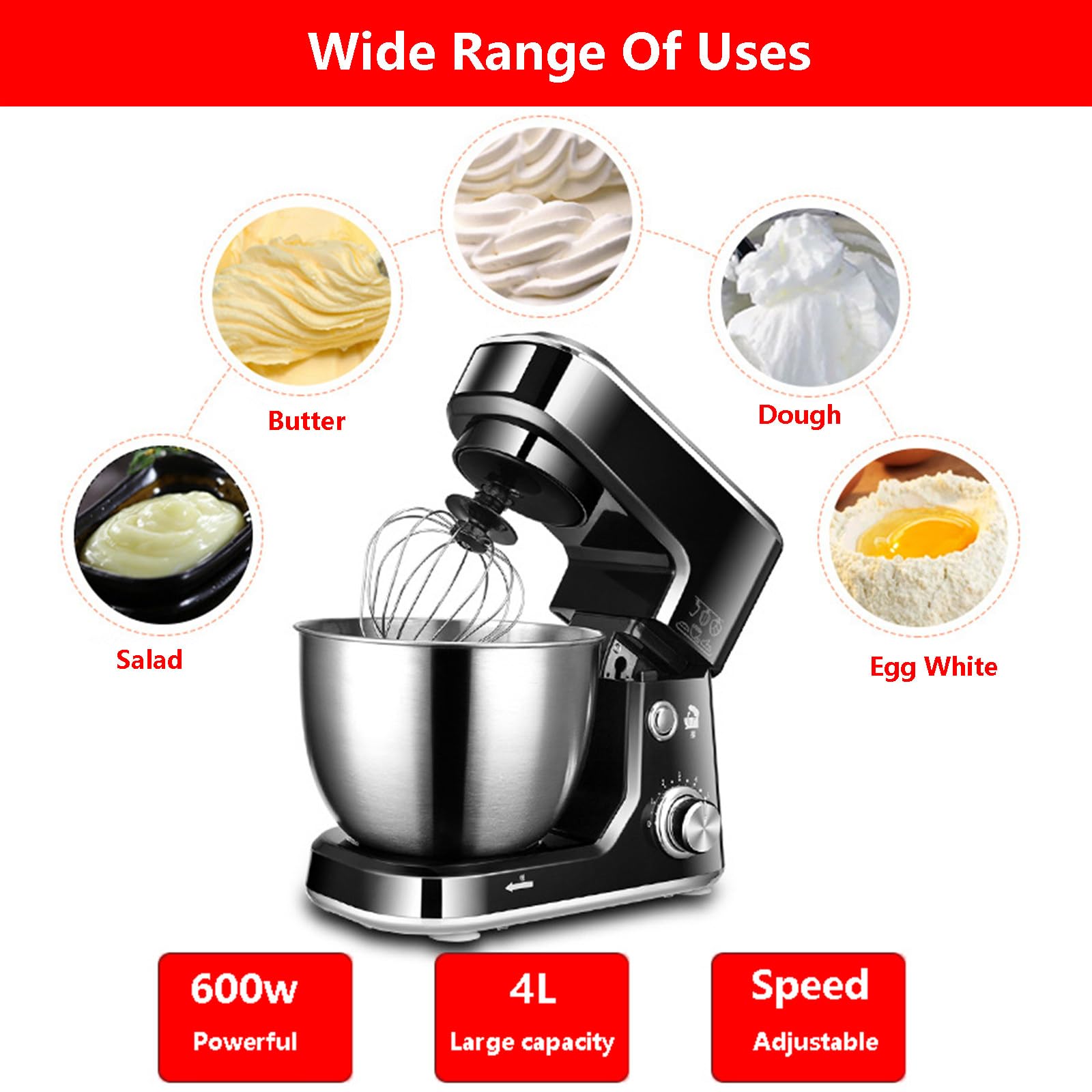 Impastatrice Elettrica da 600W / Impastatrice per Farina con Regolazione A 3 velocità/Robot da Cucina, capacità 5 L, Impastatrice per Farina Professionale per Uso Commerciale,Black