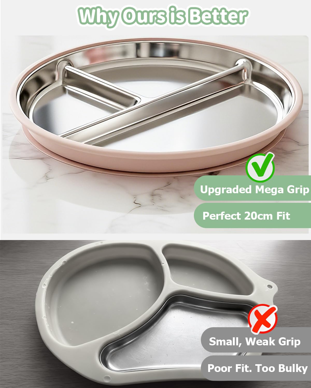 2 piatti per bambini in acciaio inox con grande ventosa, diametro 20 cm, con custodia in silicone rimovibile, lavabili in lavastoviglie, atossici e senza BPA (verde bianco)