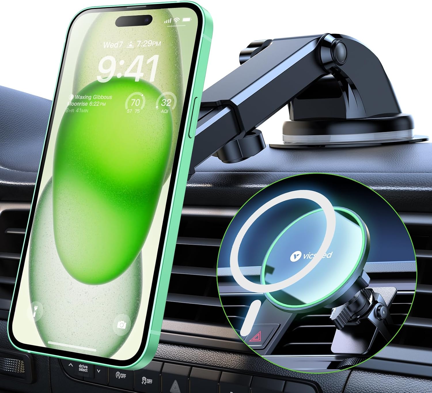 VICSEED for MagSafe Car Mount Dash - [8lbs Powerful Magnets][Long Arm Adjustable] Magnetic Phone Holder for Car Phone Mount for Car 3 in 1 Car Phone Holders for iPhone 15/14/13/12 All Phones