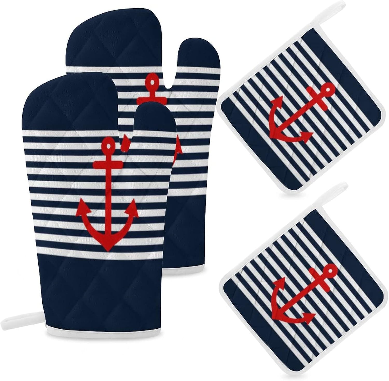 4PCS Oven Mitts Glove Kitchen Heat Resistant Pot Holders Set Navy Blue Nautical Kitchen Microwave Oven Gloves Mitts Anti-Scald Baking Cooking Gloves