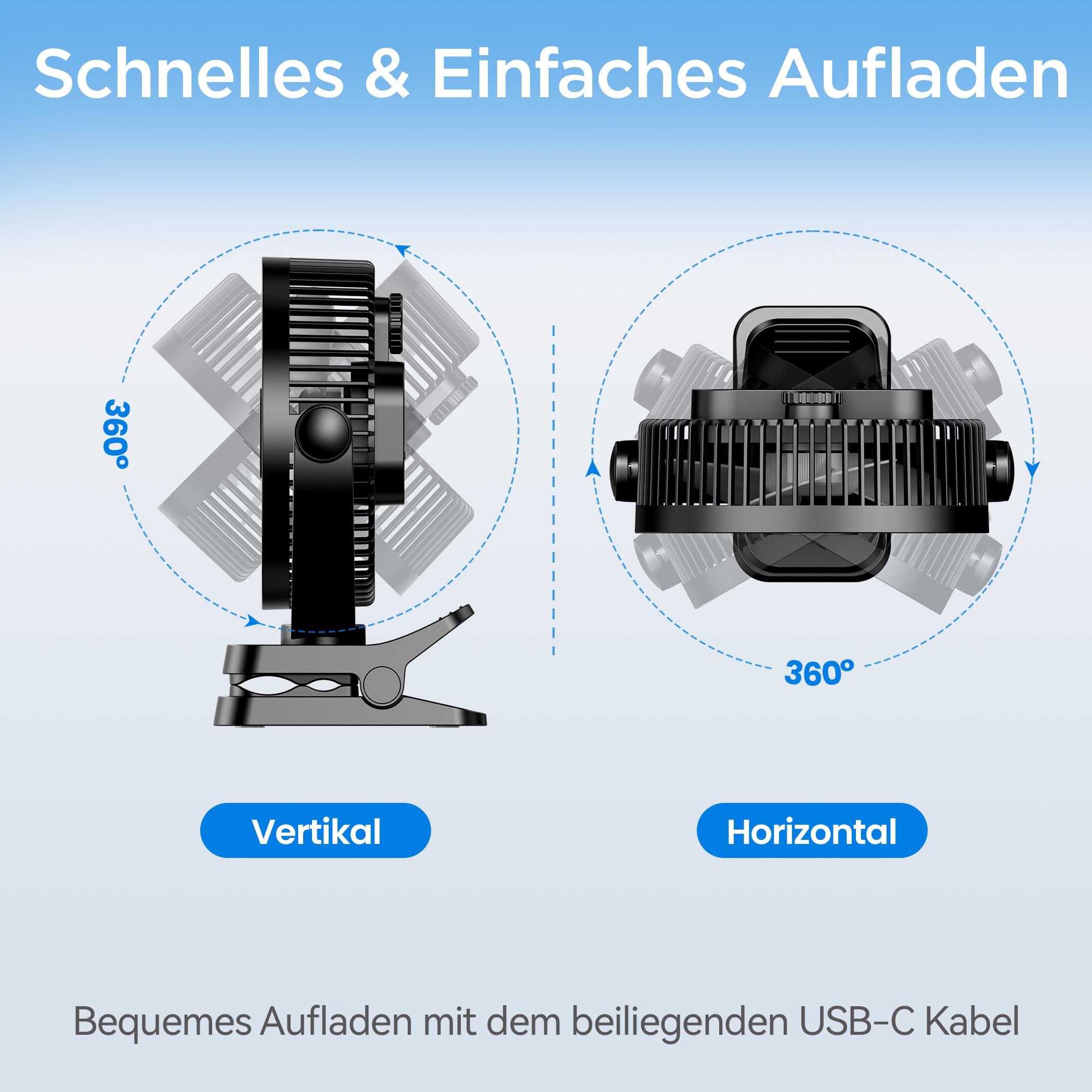 EasyAcc 10000mAh Clip Ventilator mit 37 Stunden Laufzeit - 20cm Camping mit Powerbank, 5 Geschwindigkeiten, LED Anzeige, 360° Haken für Camping, Growbox, Kinderwagen
