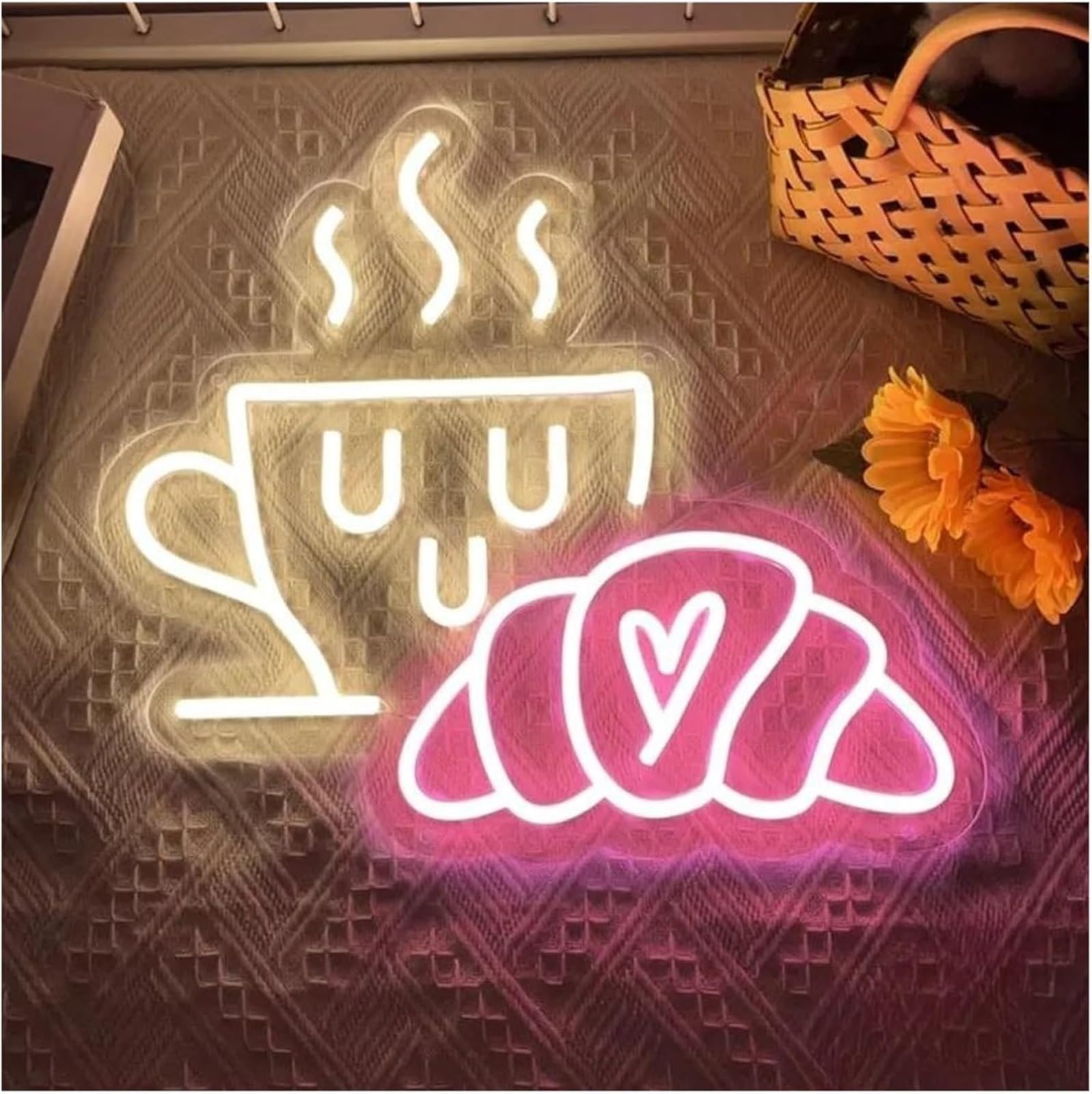 Luces de neón Letrero de neón para café, para pan, croissant, desayuno, tienda, decoración, para fiesta, luces LED colgantes pared(50cmx45cm)