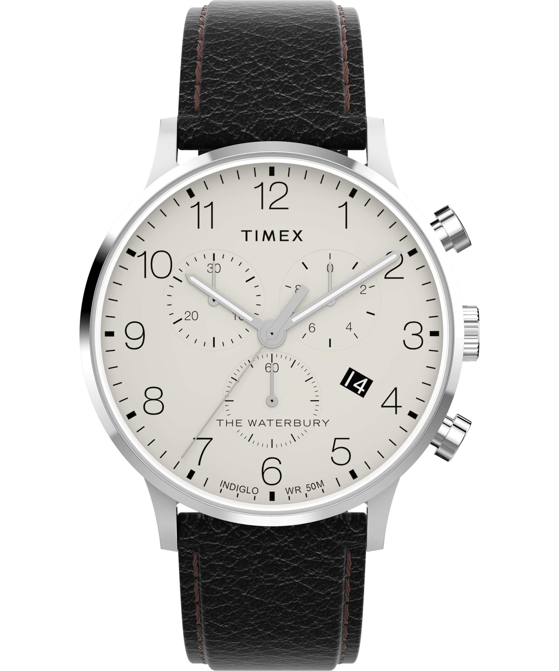 Timex Men's Waterbury 40 mm Watch, Black Leather Strap Cream Dial Stainless Steel Case TW2Y29400