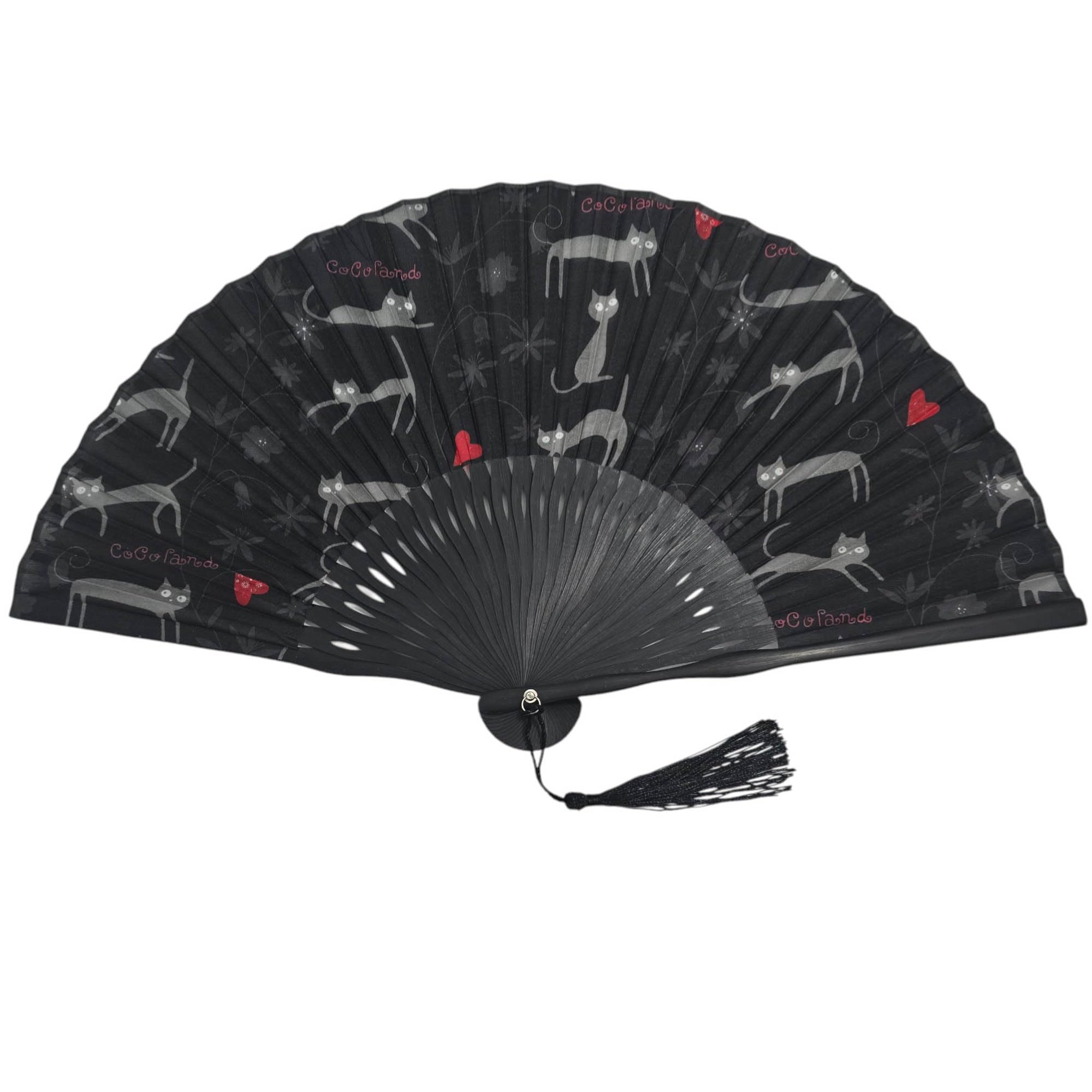 GFM® Bamboo Silk Handheld Folding Chinese Hand Fans for Summer, Wedding, Party Favour etc (FLSLK-MR-B) (FLSLK-CT-34-Cats Black)(FLSLK-CT-34-KL)