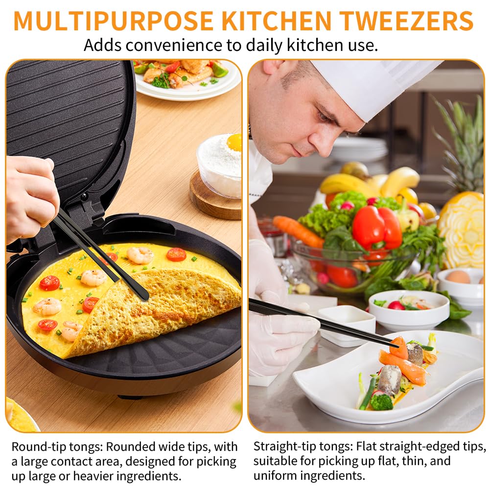 Kitchen Tweezers Tongs 2pcs, 30cm Extra-Long Non-Slip Cooking Tweezers, Stainless Steel Metal Food Tongs, for BBQ, Frying, Salad, Hot Pot, Air Fryer, Black - Straight Head + Round Head - 4
