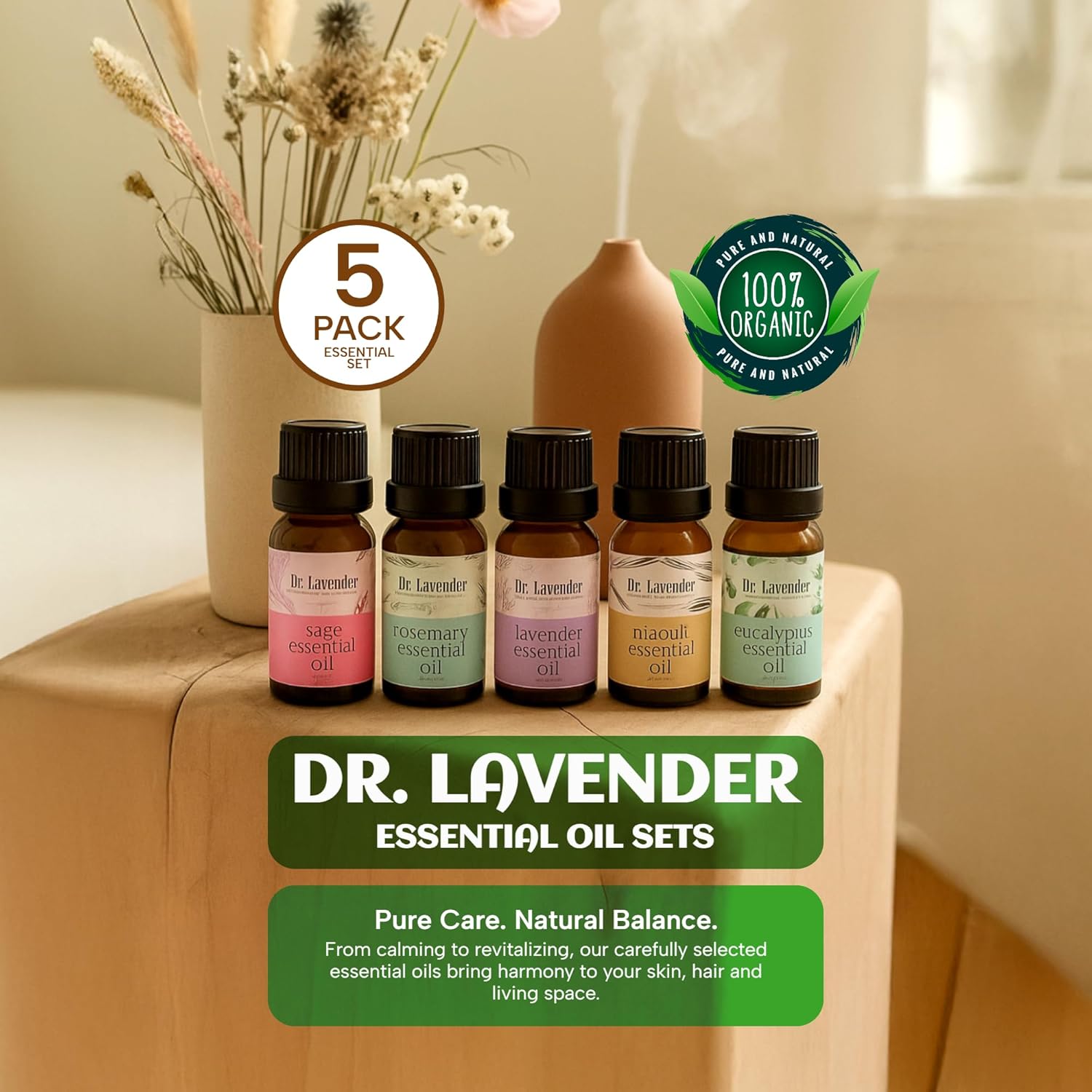 Dr. Lavender Organic Aromatherapy Oils Set - 5 Pack Plant Based Scents for Diffuser & Humidifier - Rosemary, Eucalyptus, Sage, Niaouli, Lavender - Essential Oil Kit for Home Fragrance, Relaxation