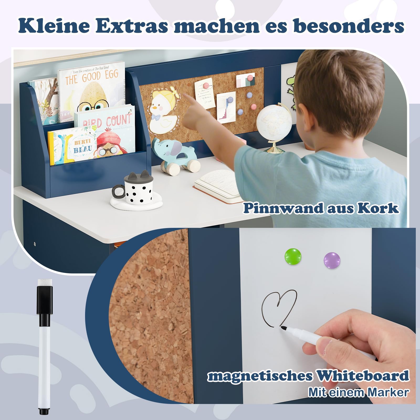 COSTWAY Kinderschreibtisch Set, Schreibtisch Kinder mit Stuhl aus Holz, Schülerschreibtisch mit Bücherregal, Schrank & Pinnwand, Jugendschreibtisch für Kinder ab 3 Jahren (Blau)