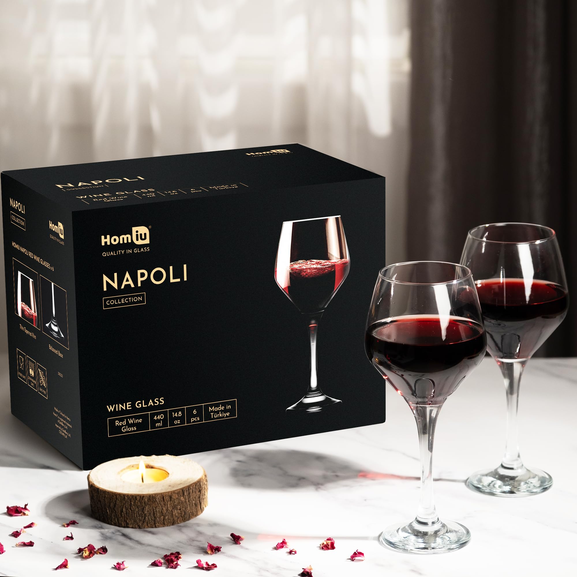 Homiu Copas grandes de vino tinto | Juego de 6 | 440 ml | Colección Napoli | Copa de vino transparente | Juego de cóctel de regalo de boda | Restaurantes en el hogar | Cocina | Apto para lavavajillas