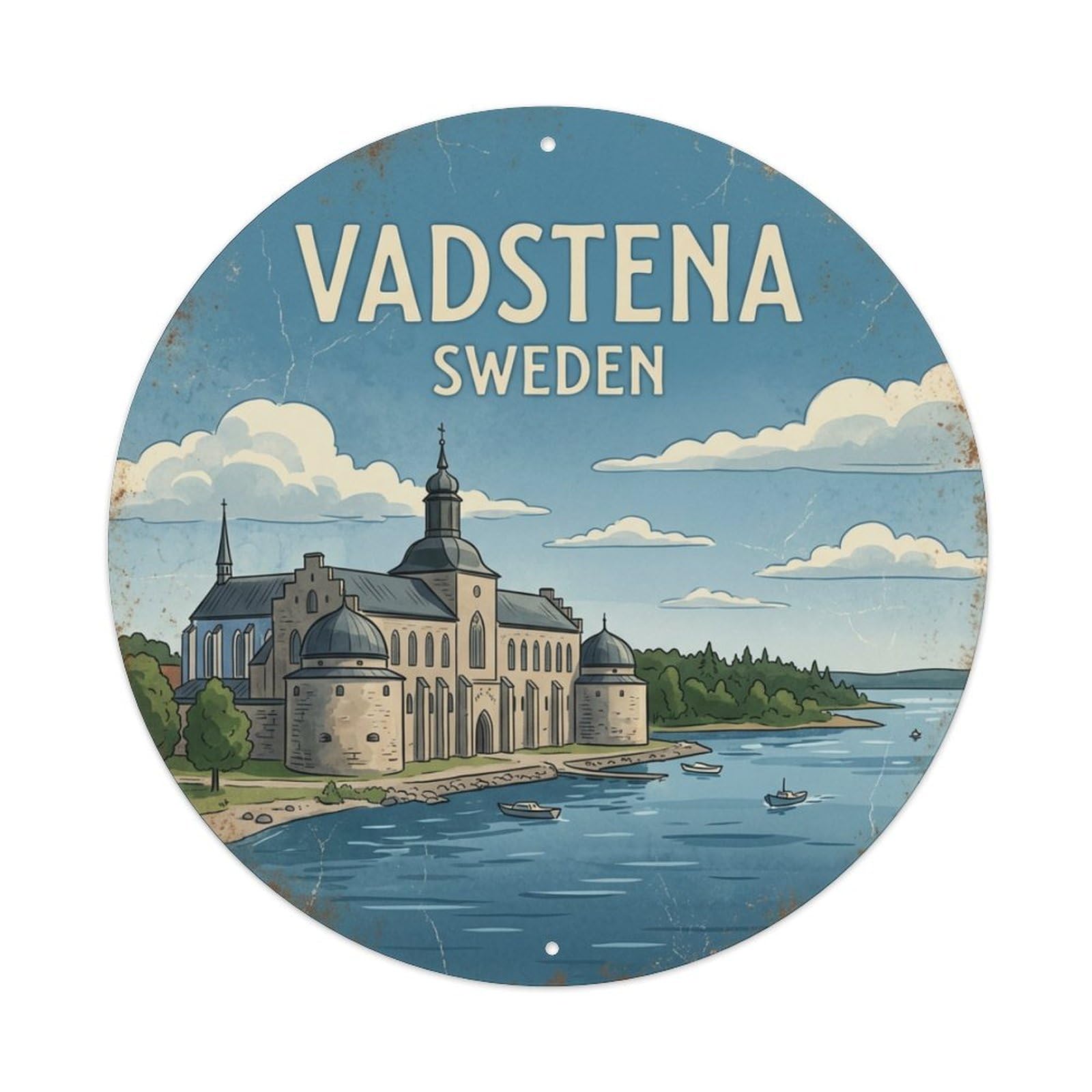 Vintage Travel Vadstena Sweden Abbey Metal Tin Sign