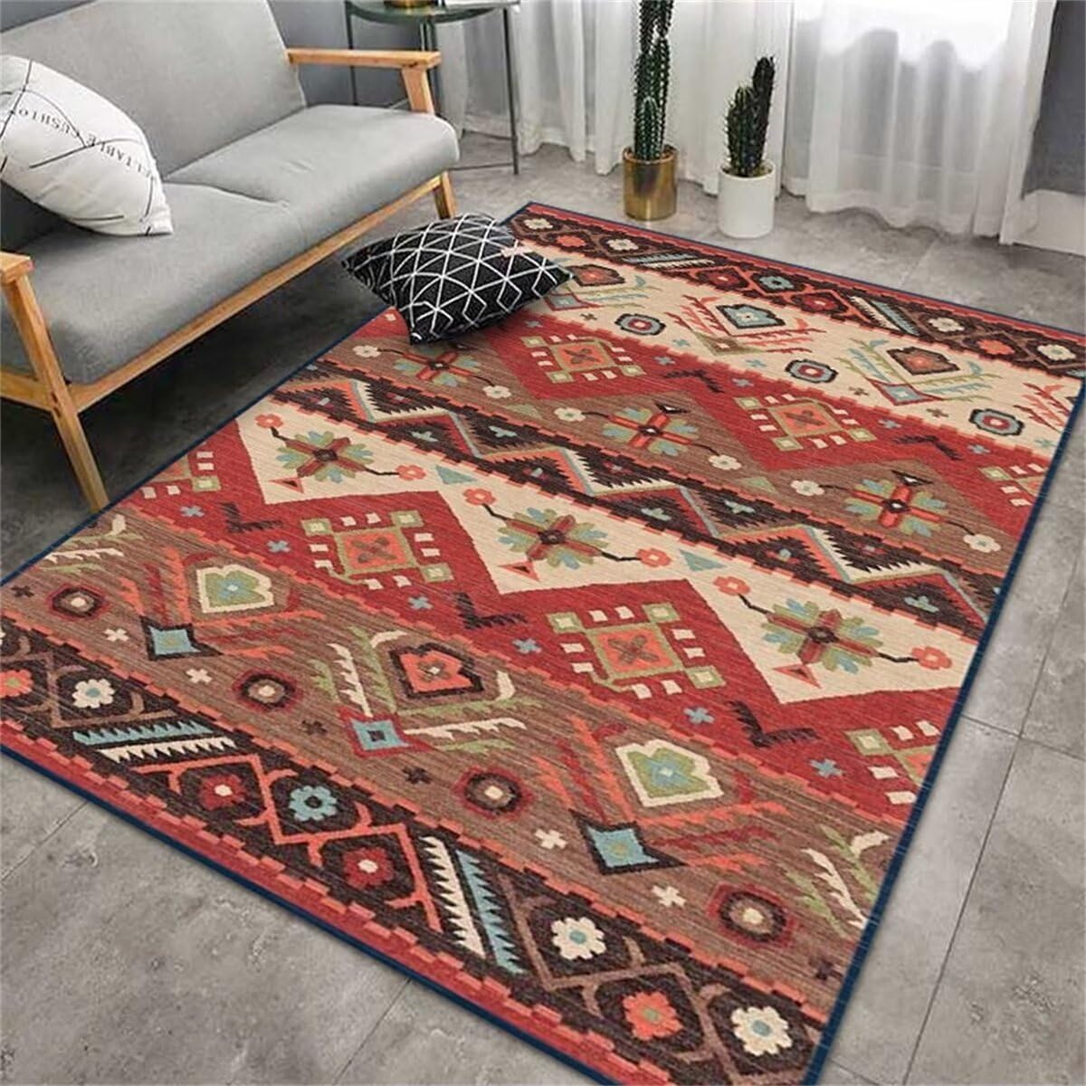 Tapis cuisine lavable 60x90cm rouge vintage au motif géométrique