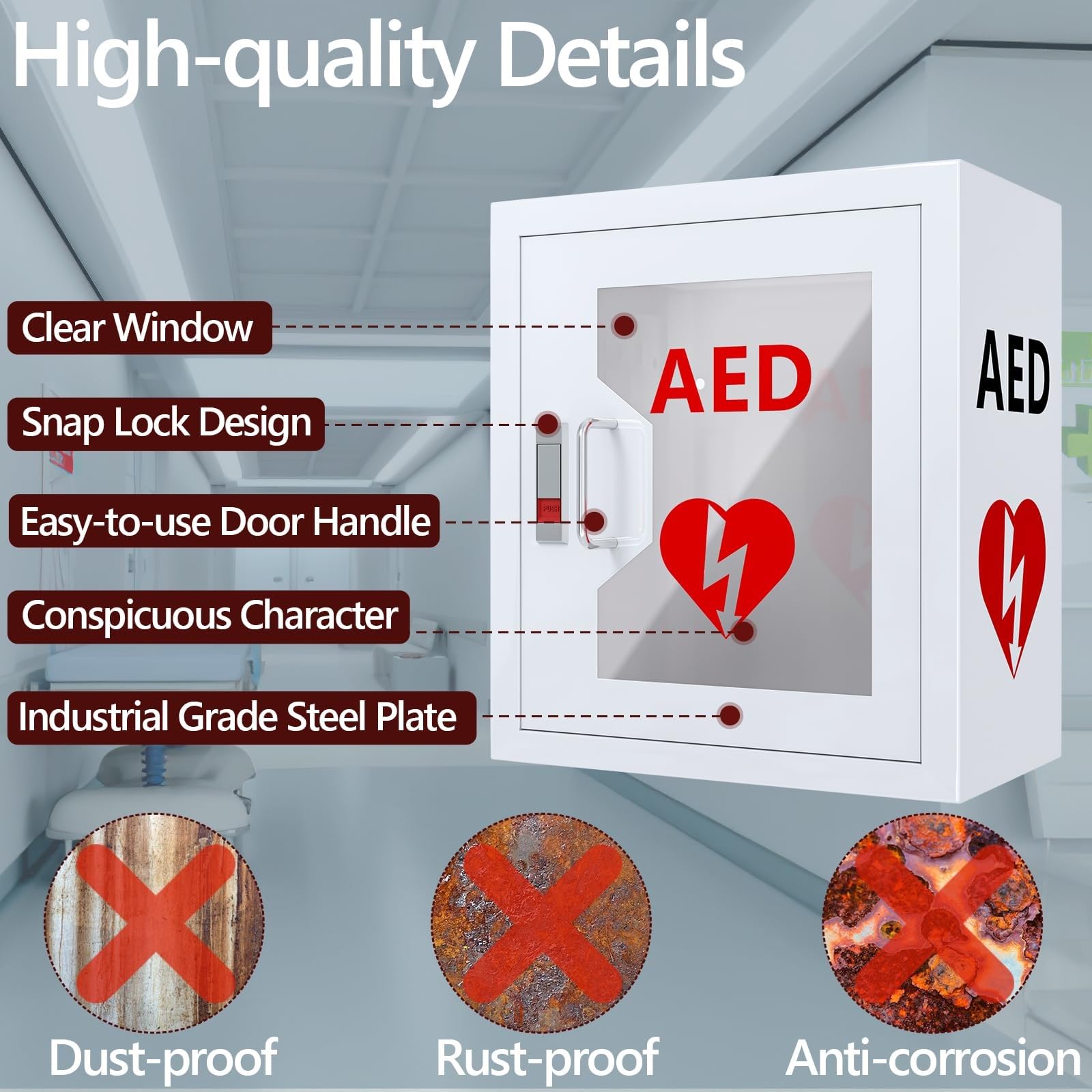 AED Defibrillator Aufbewahrungsbox, Wandmontierter Schrank für Herzdefibrillation, Erste-Hilfe-Koffer mit Schnappverschluss, passend für die meisten AED-Modelle für Home Office