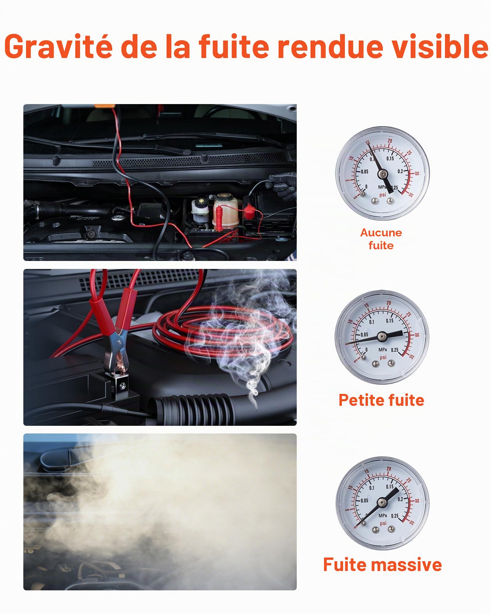 VEVOR Détecteur de Fuite de Fumée 12 V, Machine à Fumée Automobile pour Circuits de Carburant, Testeur de Vide EVAP avec Pompe à Air et Manomètre Intégrés, 2 Modes, pour Voiture, Moto, Camion, Bateau