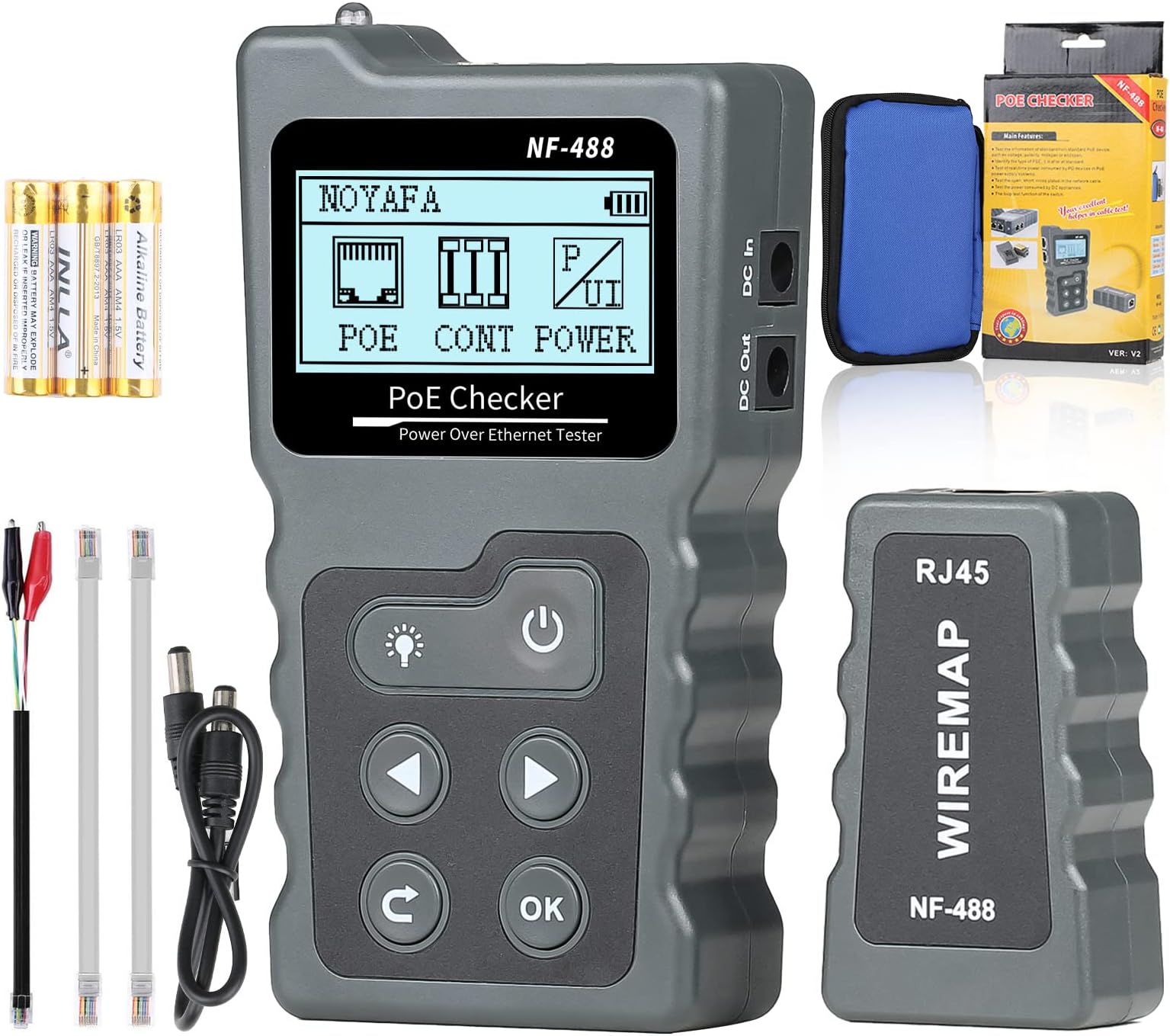 RJ45 Network Cable Tester, VXSCAN Multifunction Poe Ethernet Cable Tester Kit for CAT5e/CAT6/CAT6a, Network Cable Continuity Tester DC Power & Switch Loop-Back Test Poe Checker