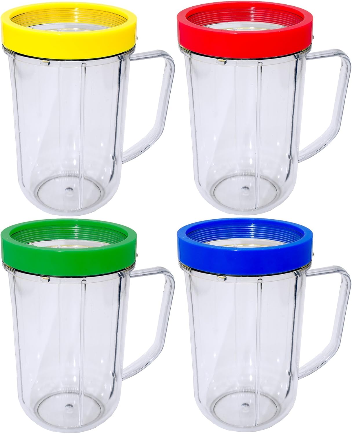 Blendin Replacement Blender Mugs Cup with Colored Comfort Lip Rings, Compatible with Original Magic Bullet Blender 250W MB-1001, MB-1001B, MBR-1101, MBR-1701, MBR-1702, MBR-0301, 16 Ounce, 4-Pack