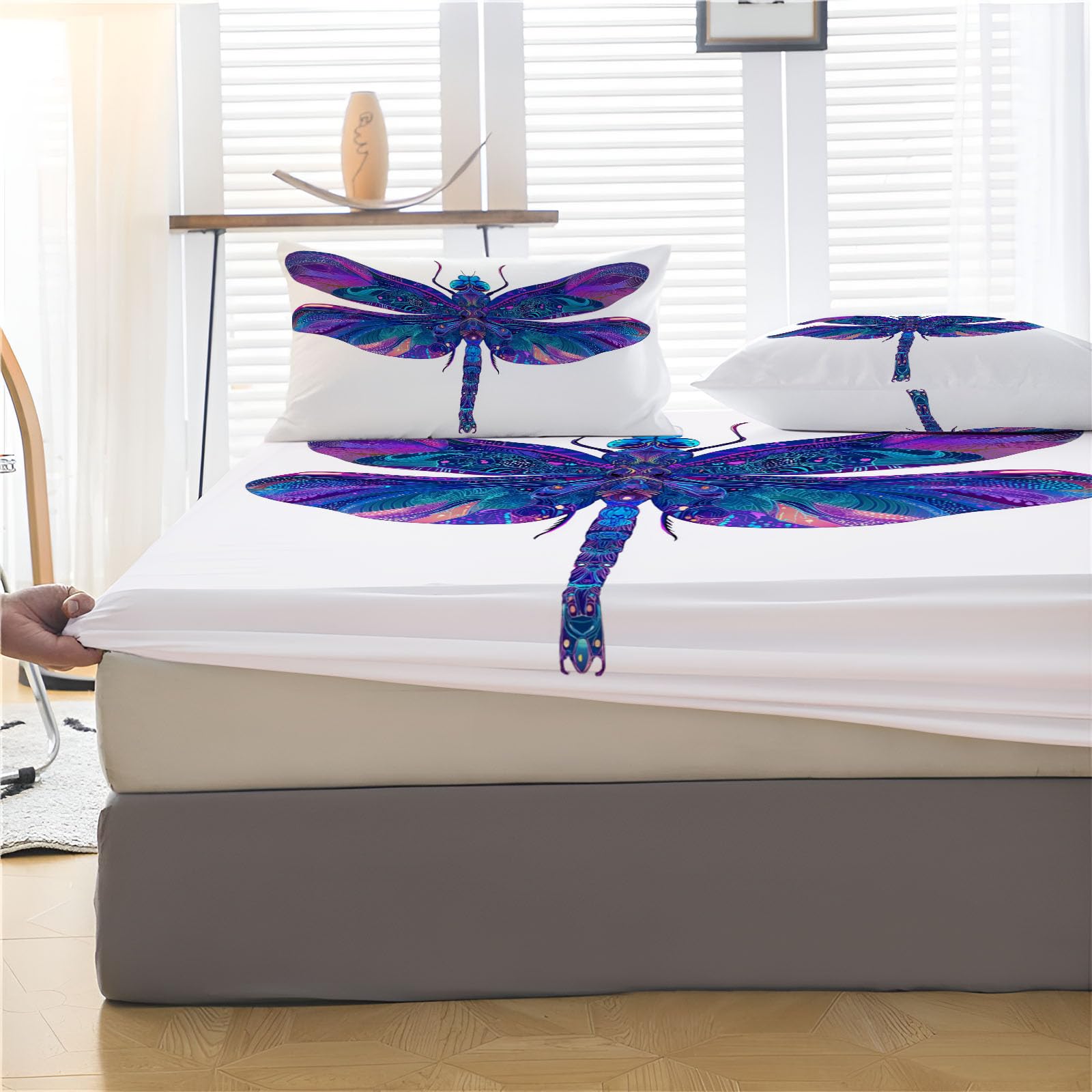 Sábanas 200X190/200Cm - Juego De Sábanas 3 Piezas Estampadas Libélula Mandrágora - Microfibra Suave Transpirable - Sábana Bajera Ajustable - Ropa De Cama Animales Psicodélicos (Azul Real)