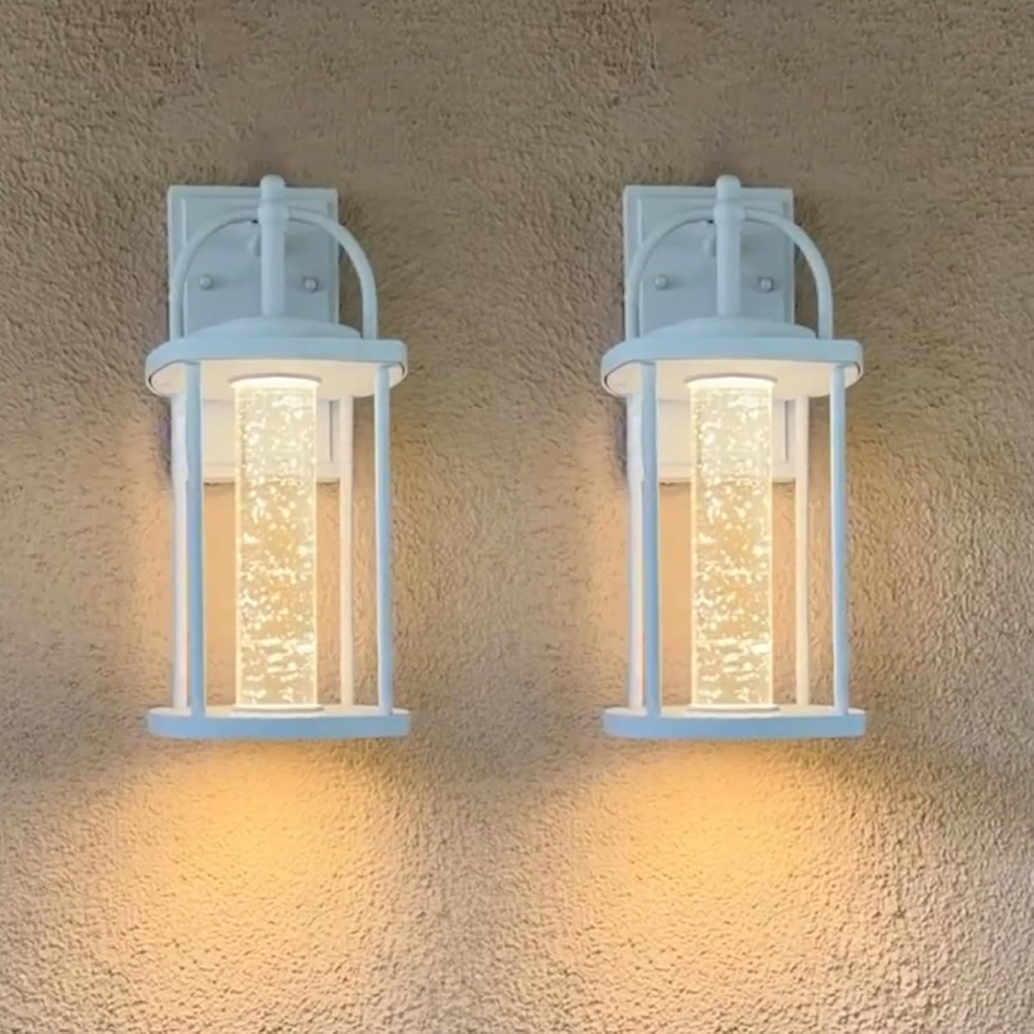 PARTPHONER Dusk to Dawn White Outdoor Light Fixtures 2 Pack, Modern Wall Sconce Lighting with Crystal Bubble Glass, LED Porch Lights with Photocell Sensor 10W, 3000K for Front Door Garage Patio Light Sensor 2 Pack White