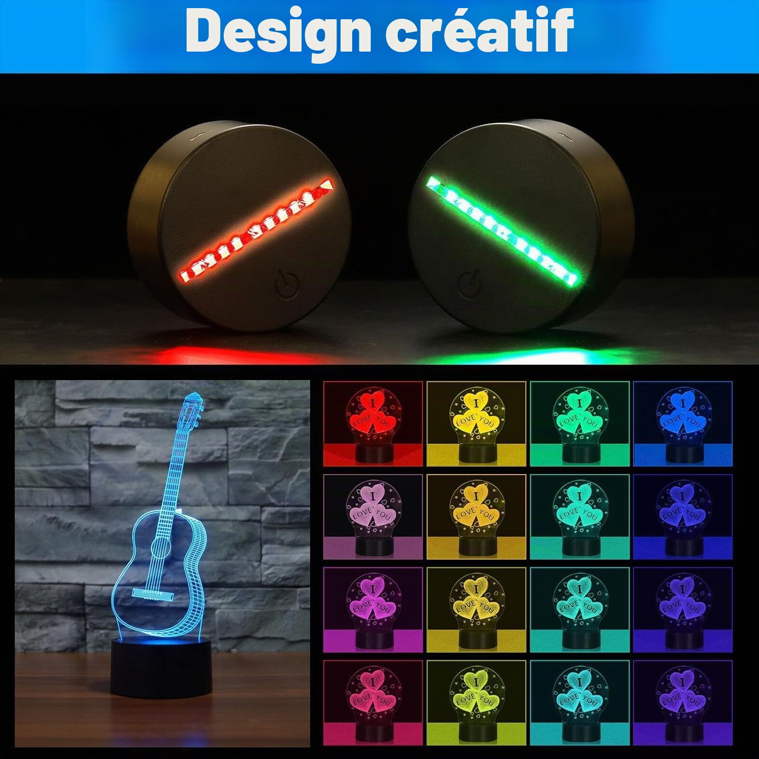 Lot de 4 veilleuses LED 3D avec socle lumineux : socle LED avec télécommande et câble USB, lampe illusion 3D, 7 couleurs, intensité variable, lampe décorative pour chambre d'enfant, chambre à coucher