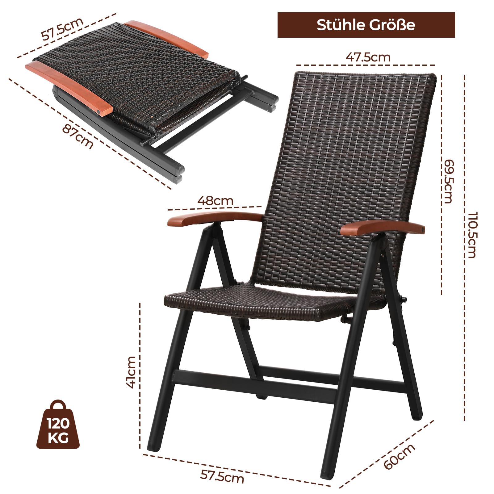 MAMIZO Krzesło składane rattanowe, 5-stopniowa regulacja, aluminiowe krzesło ogrodowe z podłokietnikami, do ogrodu, na kemping, basen, balkon (55,5 cm x 67,5 cm x 209 cm)
