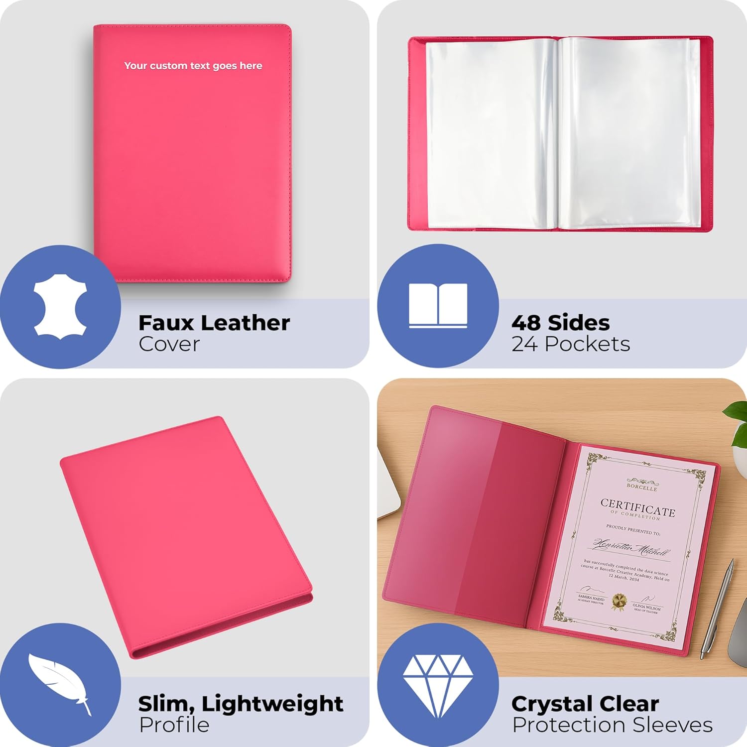 Arpan Personalised Custom Text Professional A4 Display Book, 24 Pockets, 48 Sides, Faux Leather Presentation Folder (Pink)