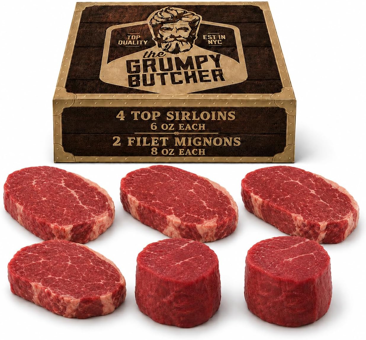 Grumpy Butcher Aged 6 Steaks Supreme Sampler Gift Box - 4 Top Sirloin & 2 Large Filet Mignon Steaks - USDA Prime or Top Third Angus Choice Beef Steak Assortment With Gift Box Option - Ships Frozen