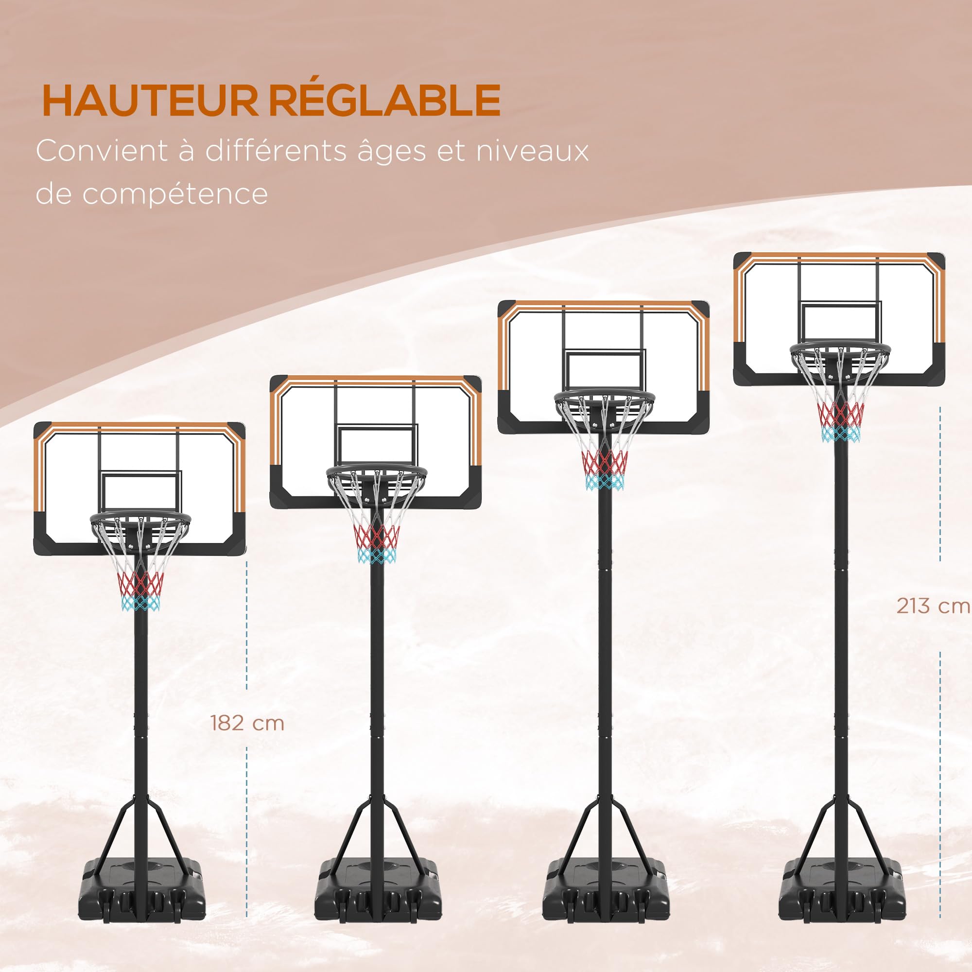 SPORTNOW Panier de Basket sur Pied, Hauteur réglable 235-264cm, Panier de Basket-Ball avec Base lestée, roulettes, Panneau arrière Solide, Noir
