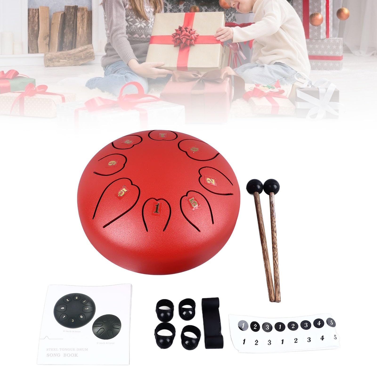Bęben językowy Tyenaza, 6 cali 8 nut wyraźny rezonansowy przyjemny dźwięk bezproblemowy stalowy bęben ręczny Mini instrument perkusyjny (Red)