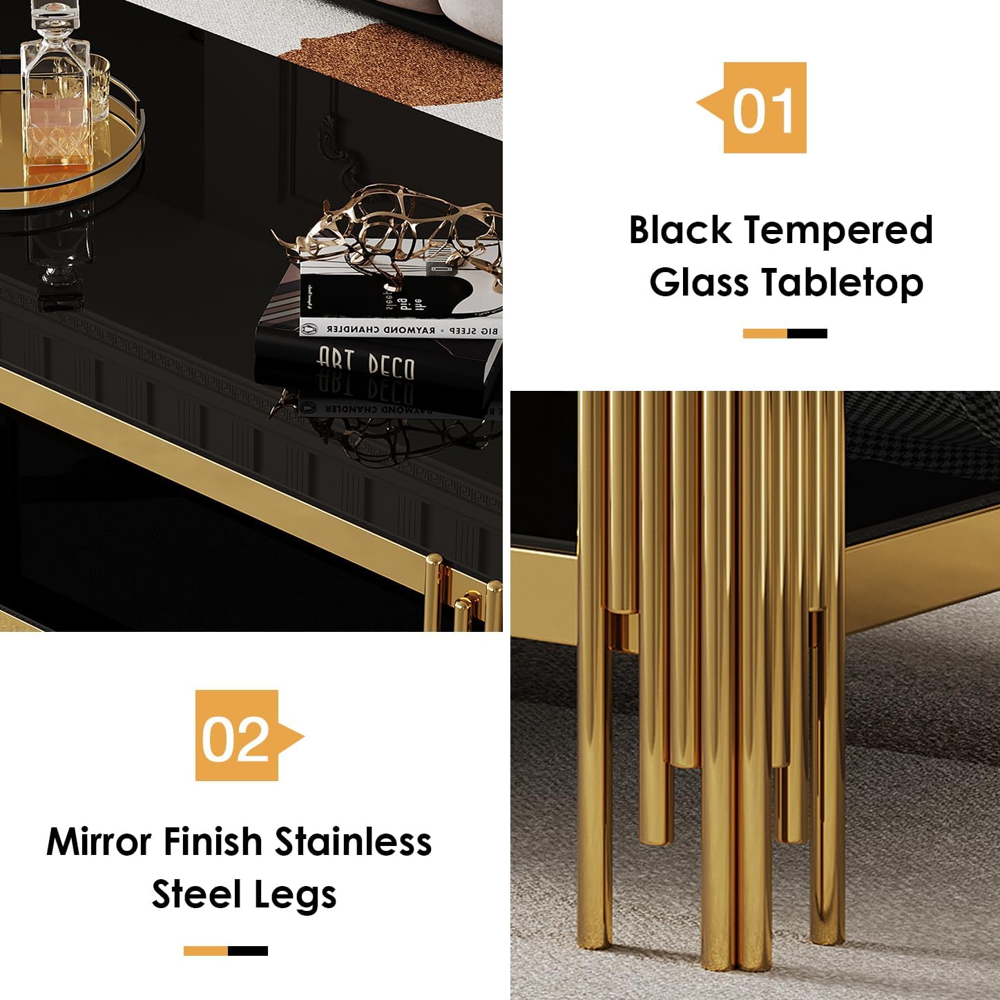 47" Black Tempered Glass Coffee Table, 2 Tier Center Table w/Storage Shelf & Gold Stainless Steel Tube, Cocktail Table,Tea Table, Mid Century Modern Coffee Table for Living Room Small Space Office